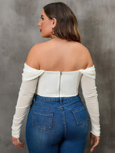 Plus Off Shoulder Ruched Asymmetrical Hem Corset Mesh Top